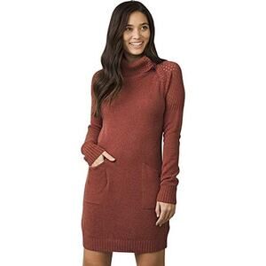 prAna Archer Sweater Mini Dress Cowl Neck Eyelet Ribbed Trim Amber Red XS